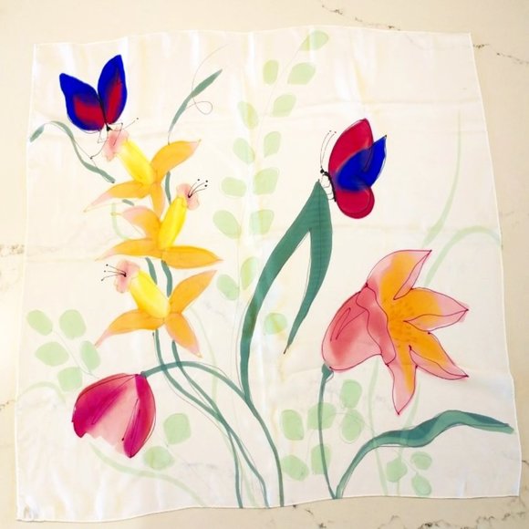 Besley's 100% silk, square scarf.  29" x 29".  Flowers with butterfly. - Picture 1 of 3